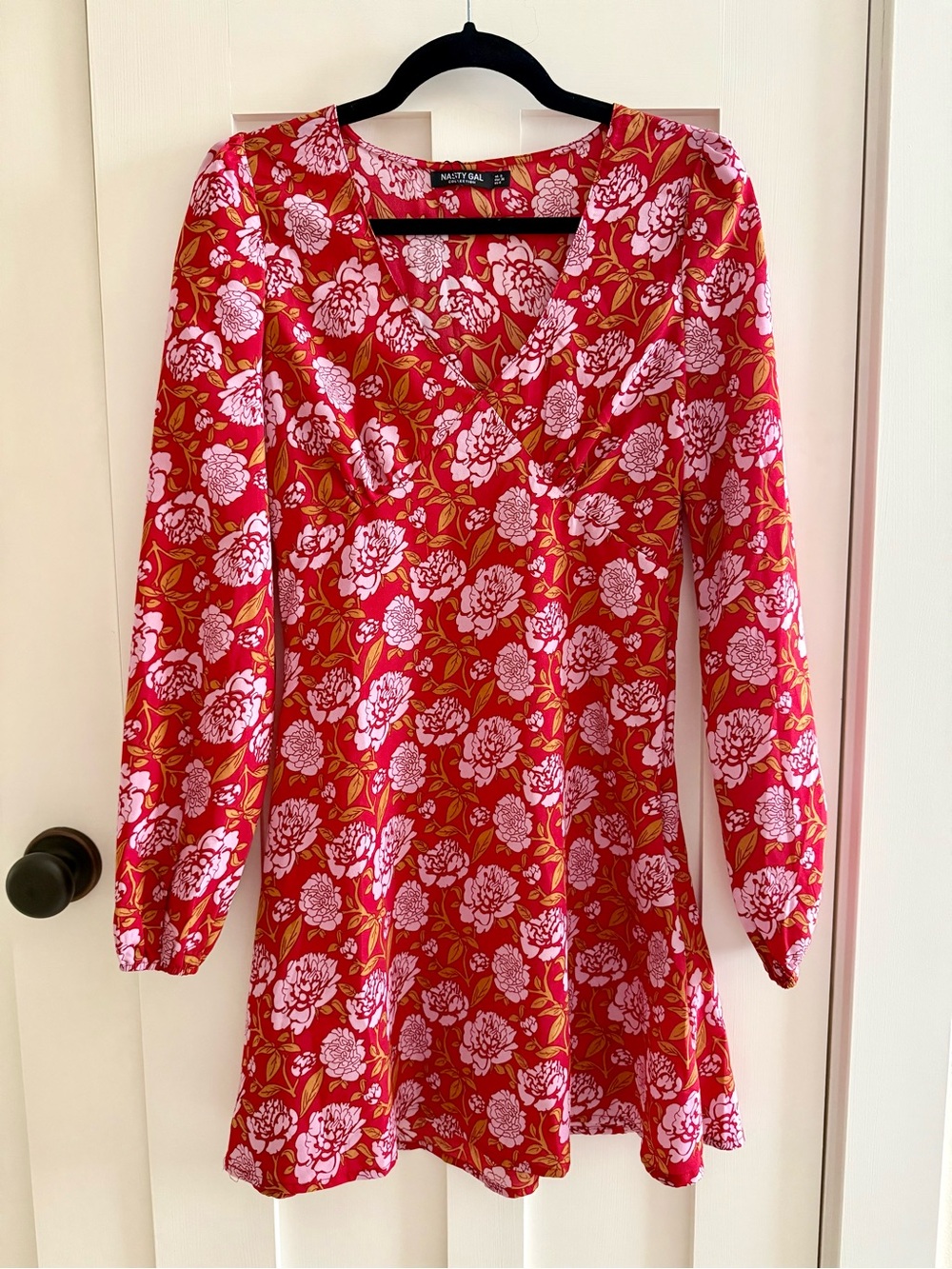 Nasty Gal Red Floral V-Neck Mini Dress with Pink Blooms